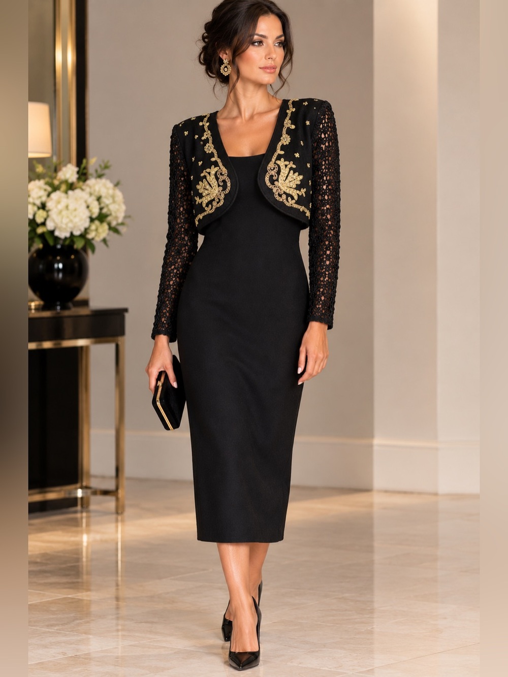 Carole Little Maxi Black Dress Decorative Gold Trim Attached Bolero Jacket